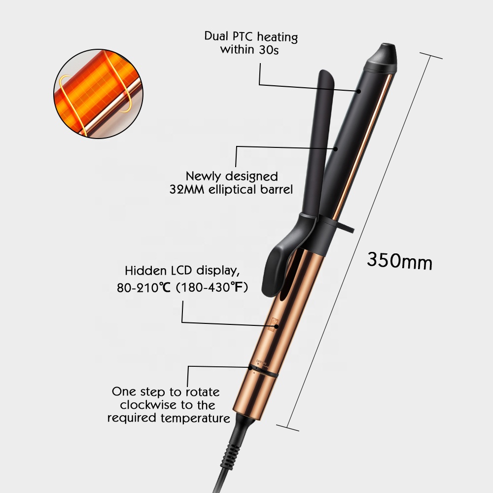 New Oval Barrel Hidden LCD Display Slim Design Professional Dual PTC Ceramic Electric Hair Curling Iron Curl Wand Tong