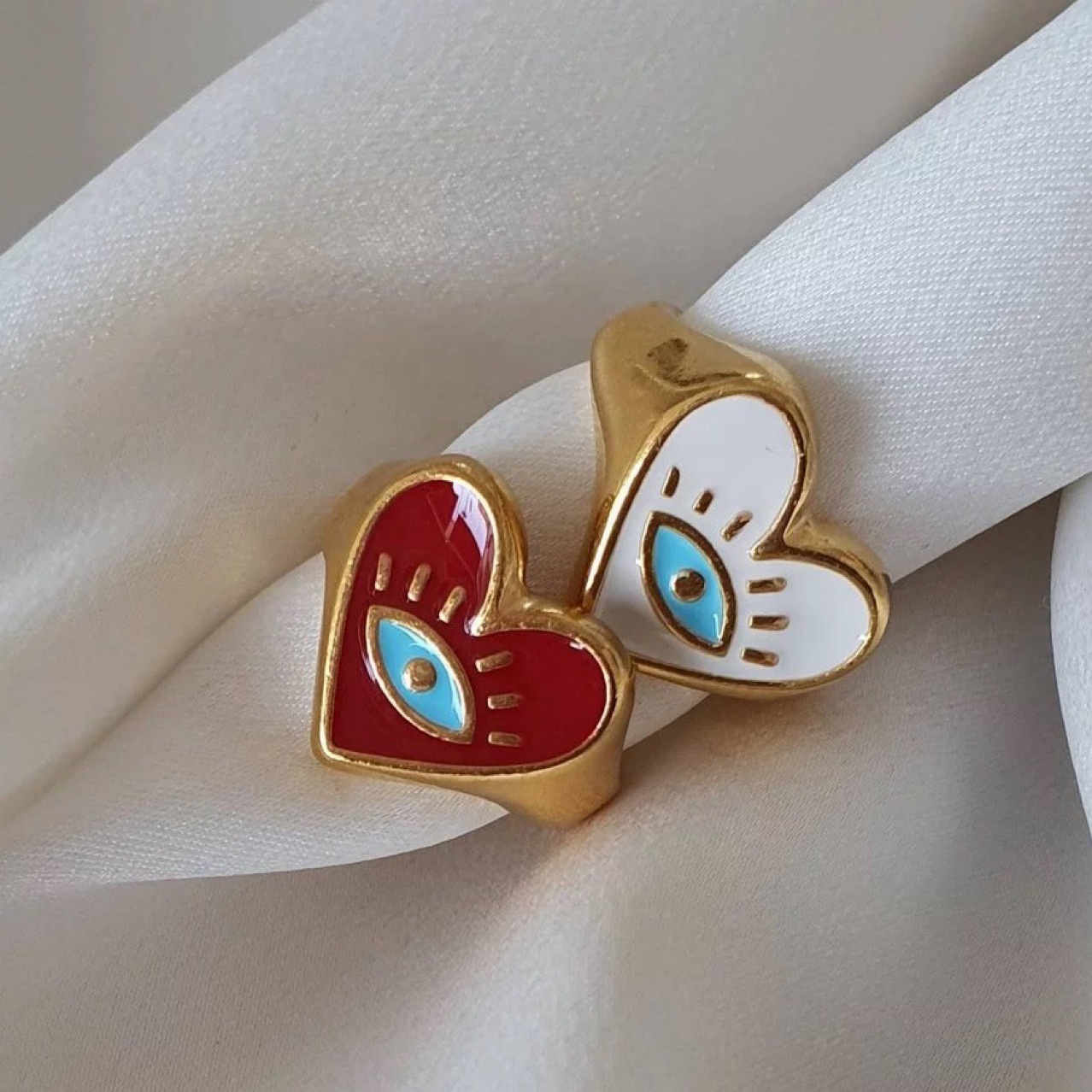 18K Gold Plated Stainless Steel Jewelry Evil Eyes Chunky Heart Rings Non Tarnish Enamel Rings Jewelry Women
