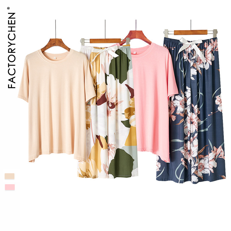 South Korean Style New Modal Silk Pyjamas For Women Japanese Simple Flowers Print Graffiti Short Sleeves Pajama Set