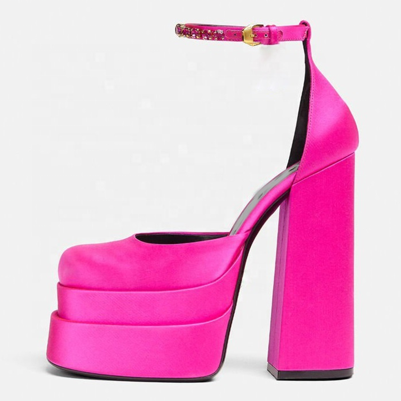 New Trendy Big Square Toe Sandals Diamonds Ankle Strap Block High Heel Shoes Dress Pumps Wedding Party Big Size 43