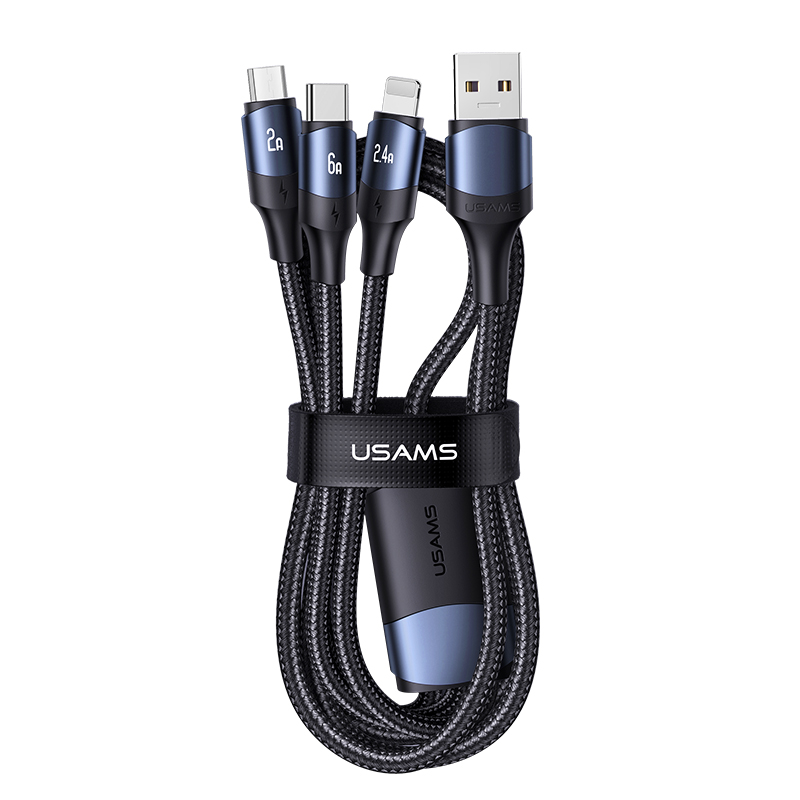 USAMS SJ510 3in1 Fast Charging Date Cable Mobile Accessories 6A 1.2M Aluminum Alloy Braided Cable