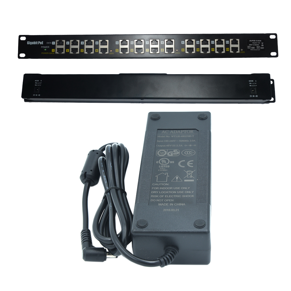GPOE-12-48V120W стойку Gigabit PoE инжектор панель 12 Порт 48V 120W адаптер питания по сети Ethernet PoE для 802.3af камера AP