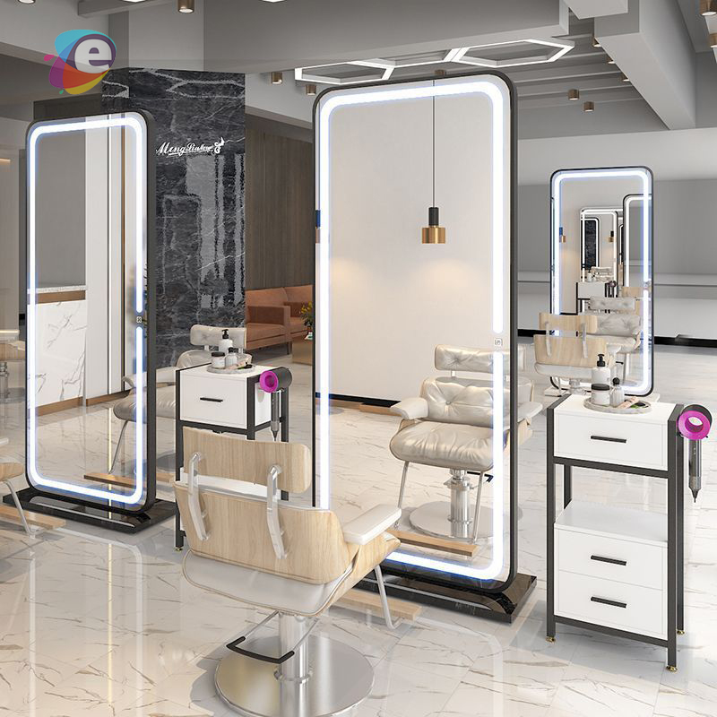 Custom Dark Grey Hair salon Floor Display Stand Glass Showcase Design hair dressing work station with mirror Display