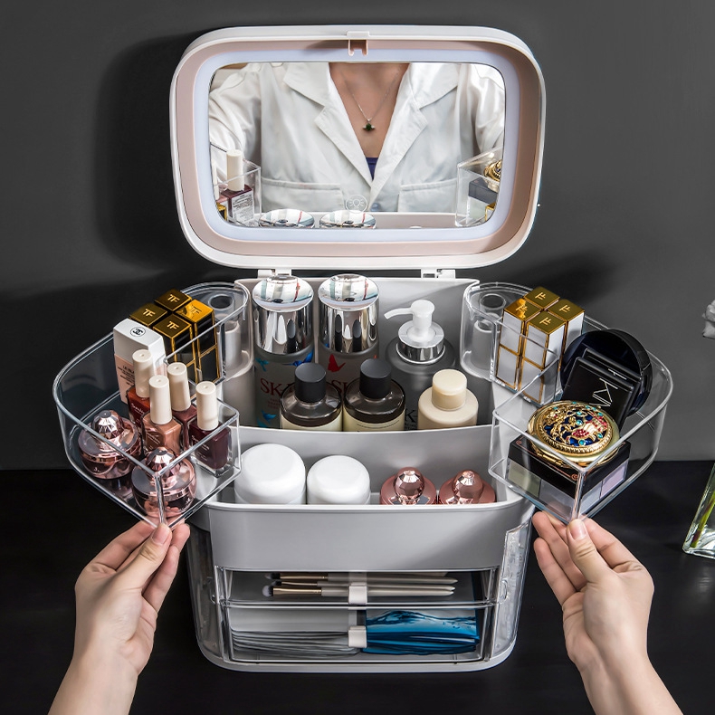 Dustproof Makeup Organizer ABS Acrylic Cosmetic Make Up Storage Box with mirror and led light