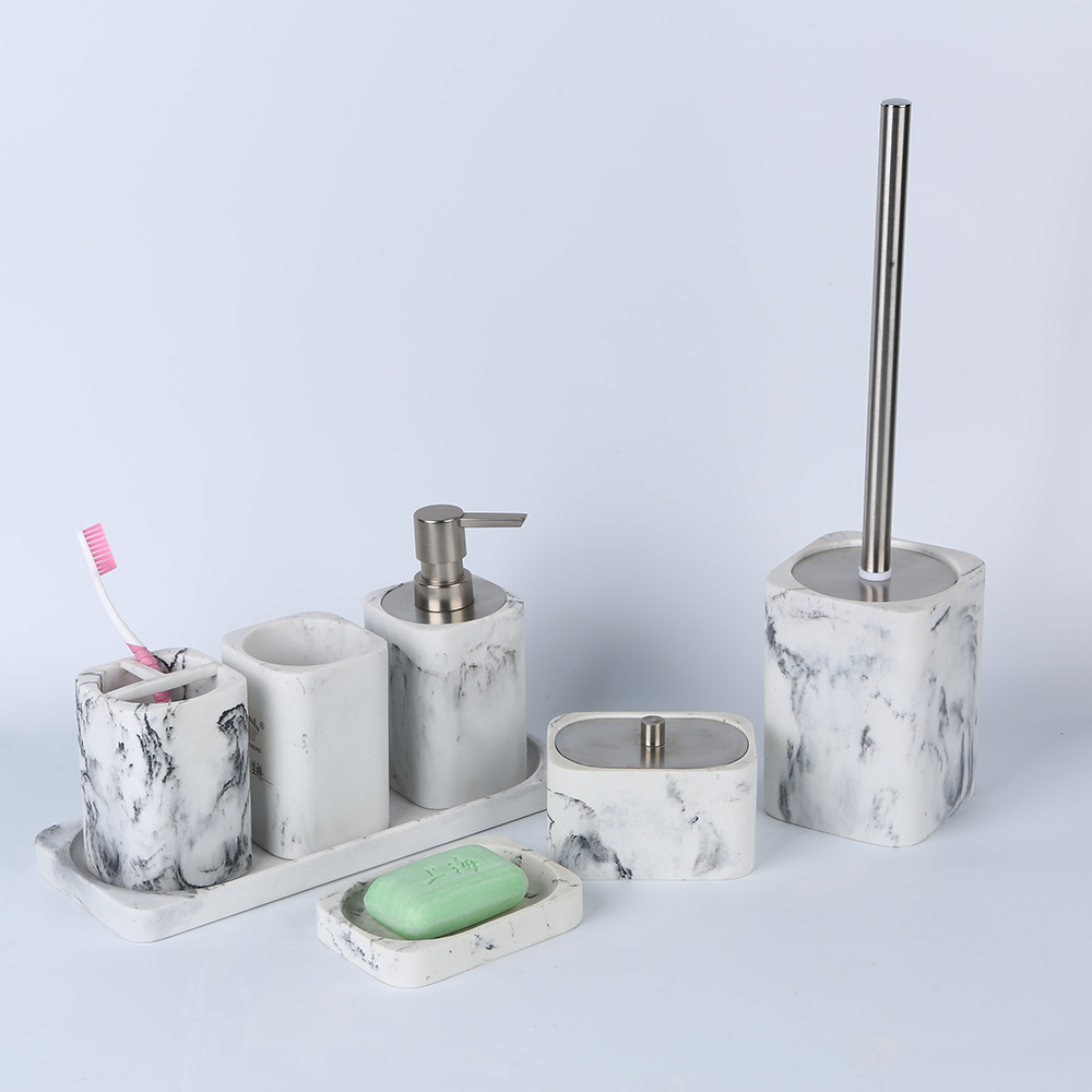 Hotel Resin Bathroom Accessories Set Soap Dispenser Toilet Brush Holder Marble Strip Metal Cover Resin Bathroom 7-pieces Set
