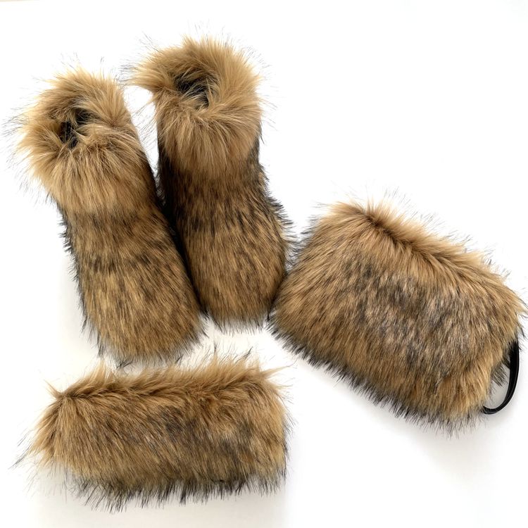 Hot sale Women faux raccoon fur boots with matching purse and headband
