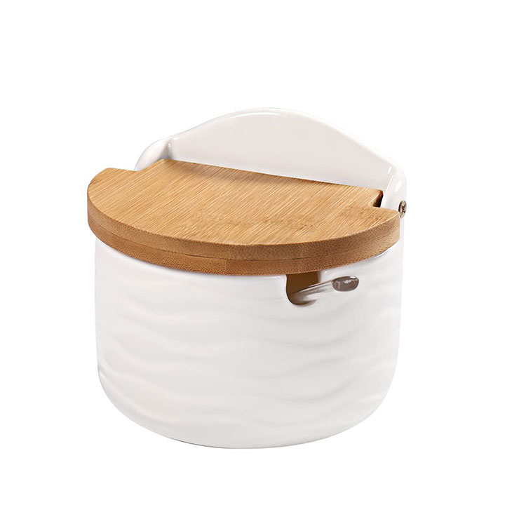 Wholesale White Ceramic Sugar Bowl Condiment Pots with Sugar Spoon and Bamboo Lid for Home and Kitchen