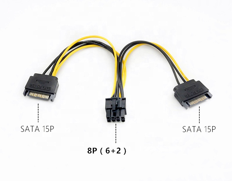 Кабель-адаптер для видеокарты с двойным разъемом SATA 15Pin на PCI-E 8Pin 6 + 2pin Male 18awg PCI-E SATA
