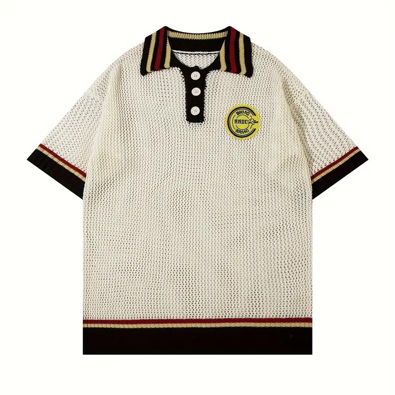 Custom Embroidery Logo OEM&ODM Men's Loose Color Blocking Hollow Knitted Polo Shirt Summer Casual Short-Sleeved Sweater