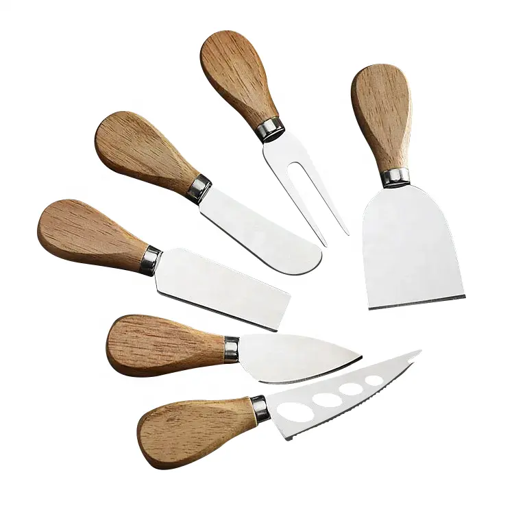 Christmas Gift Multifunction 6pcs Wood Handle Cheese Cutting Knives Fork Bulk Stainless Steel Cheese Knife Set