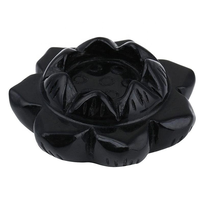 2" Black Obsidian Carved Gemstone Lotus Flower Crystal Ball Stand/Candle Holder