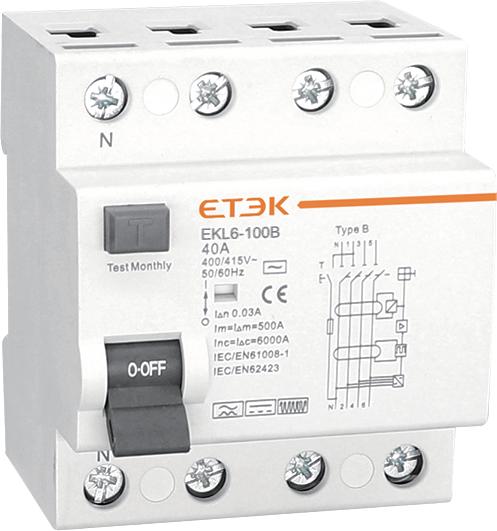 ETEK EKL6-100H-1N2530A Тип B RCCB 10KA 1P + N 25A 30mA