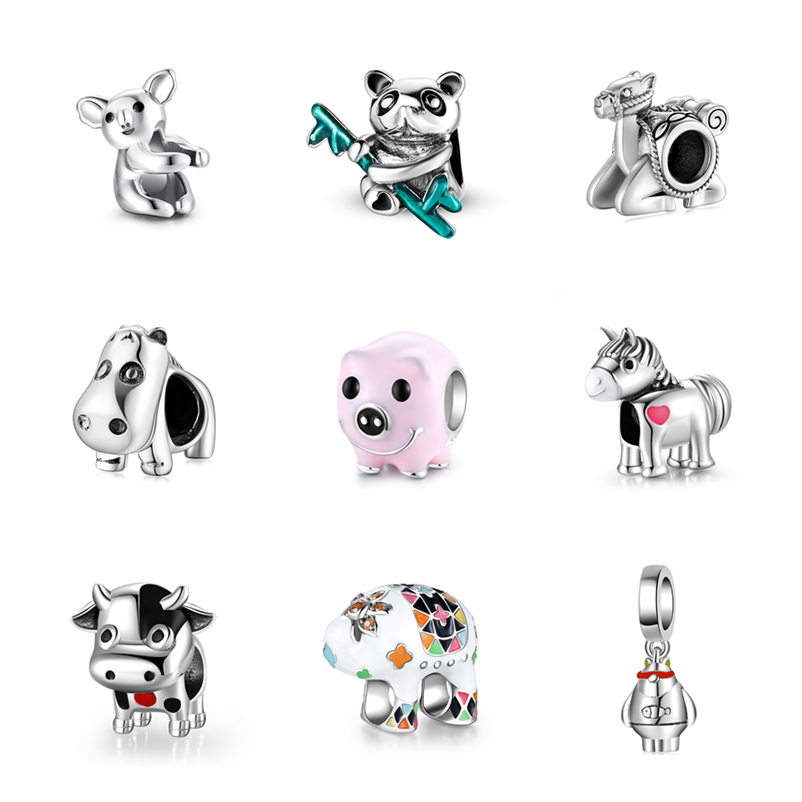 Fine S925 Sterling Silver Jewelry Animal Style Charms Cut Enamel Panda Pig Horse Pits Shapes Bracelet Making Beads Wholesale
