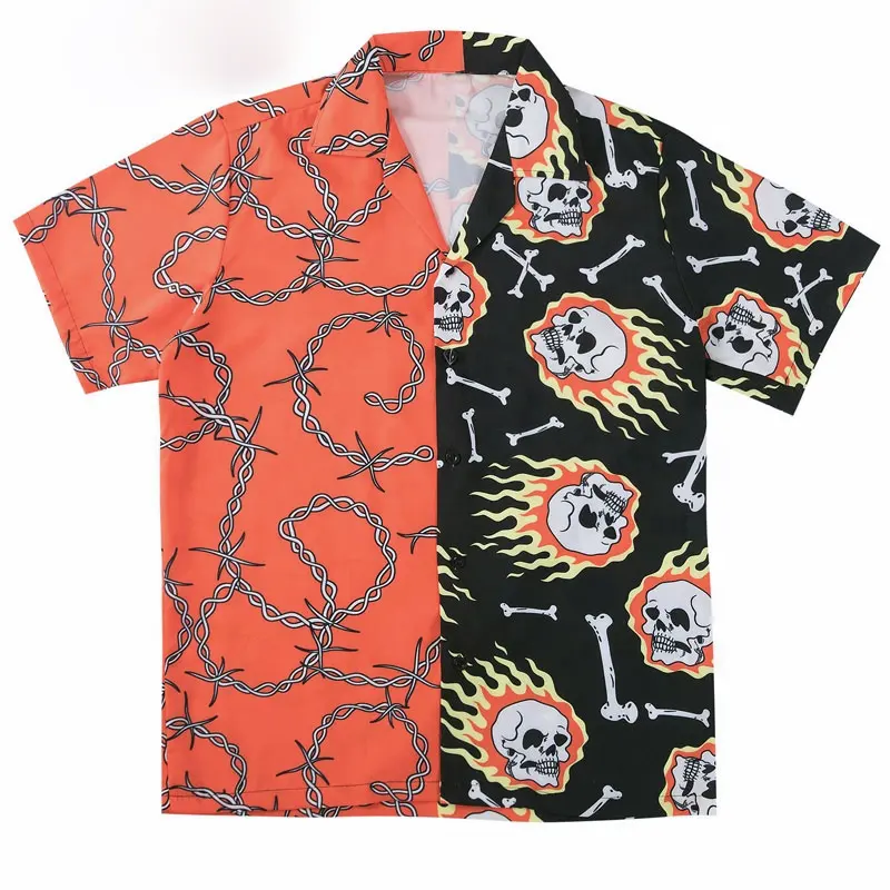 Хит продаж, Гавайские рубашки в стиле хип-хоп с принтом черепа, цепей и костей, повседневные топы с коротким рукавом и пуговицами, уличная одежда, мужские пляжные рубашки