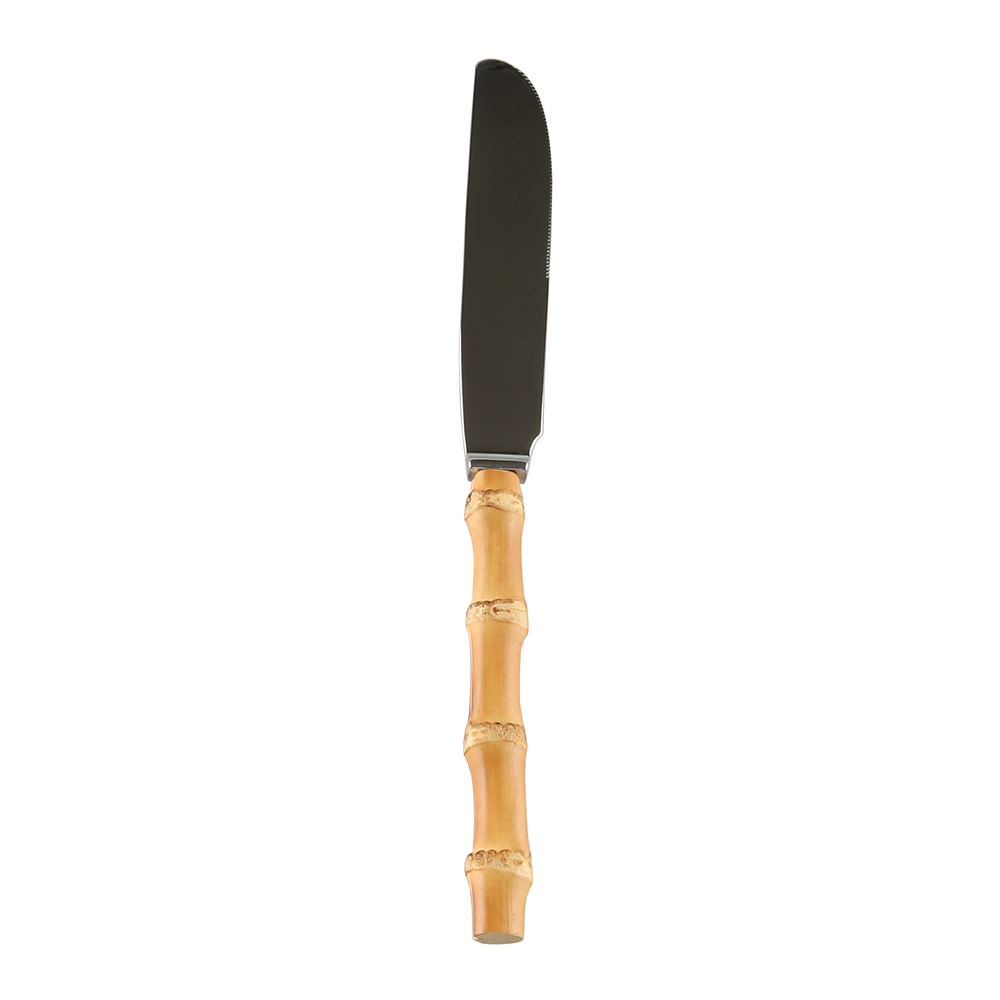 Kitchen Cutlery Tableware Stainless Steel Bamboo Root Wooden Handle Butter Spreader Spatula Serrated Dinner Steak Knife