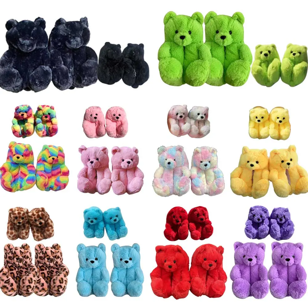 Wholesale Mommy And Me Fluffy Teddy Bear Slippers Plush One Size Fits All Fur House Slippers for Kids 2021