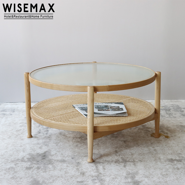 WISEMAX FURNITURE Japanese living room furniture solid wood rattan storage round clear tempered glass top coffee table tea table