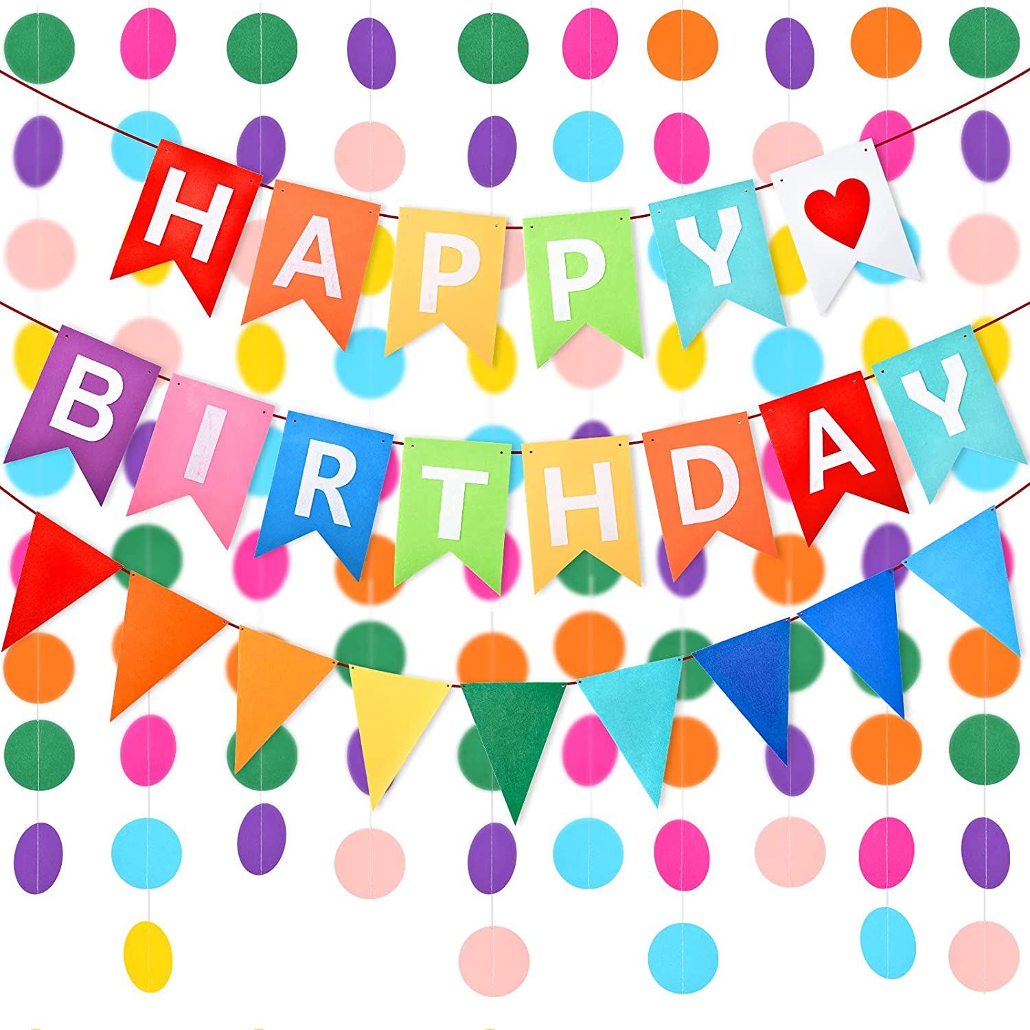 5 Pieces Rainbow Felt Fabric Happy Birthday Banner Multicolor Party Garland Flag and Colorful Circle Dots Hanging String Rainbow