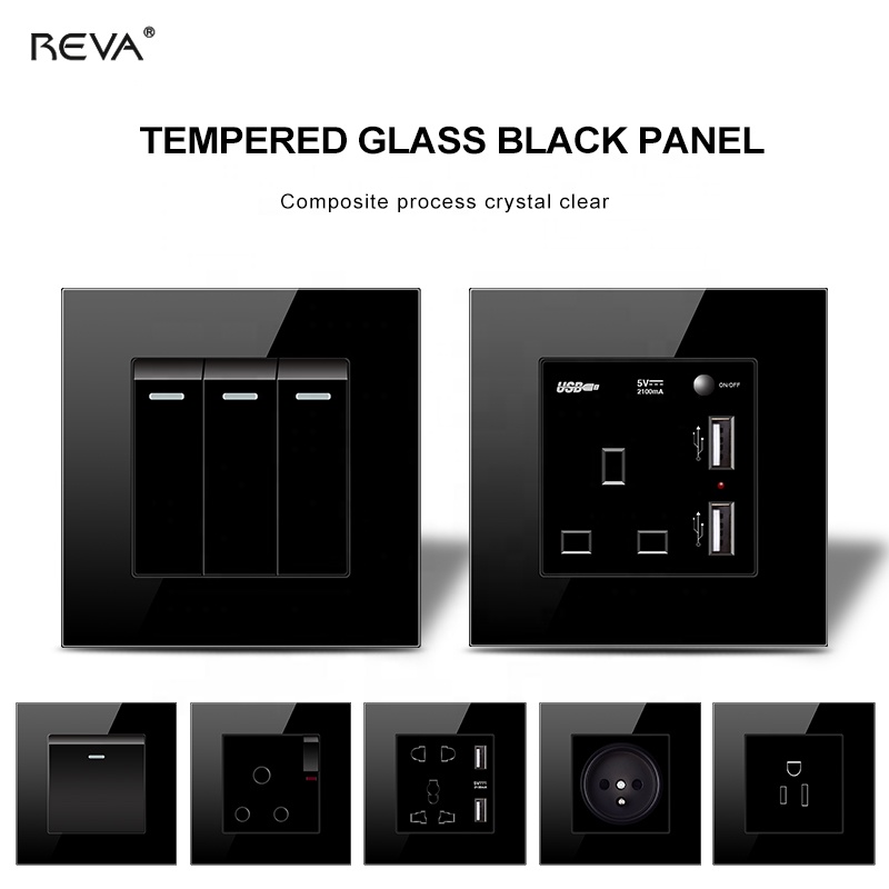 Многофункциональная USB-розетка Reva REVA Черная Стеклянная Универсальная панель 13a британская двухпозиционная розетка 20A ЕС переключатель