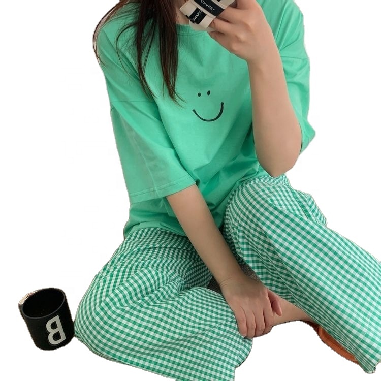 Women's sleepwear summer short sleeves smile printed shirts plaid pants 2pcs set pajamas soft milk silk korean simple night wear