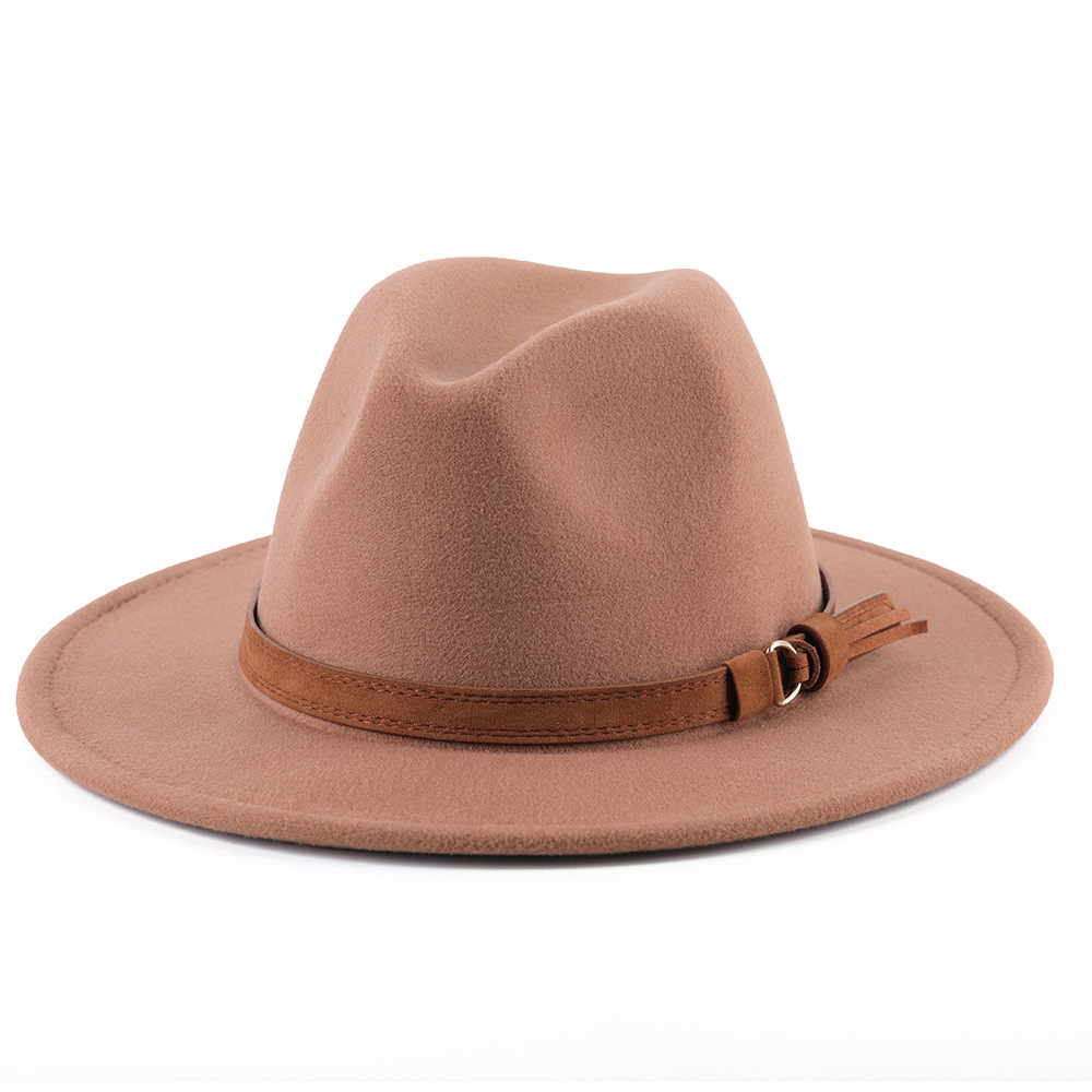 Classic Wide Brim Women Men Fedora Hat with Belt Buckle Felt Panama Hat