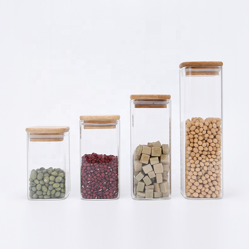 food grade quality borosilicate pitcher spice candy kitchen canisters square glass storage bottles & jars with bamboo lid