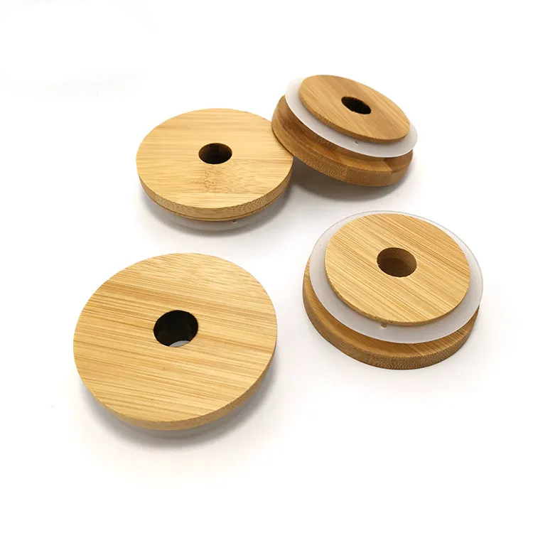 Mason Jar Lids Bamboo Holes Wooden Durable Canninng Leakproof Cover With Straw Bottle Caps Home Kitchen Lids