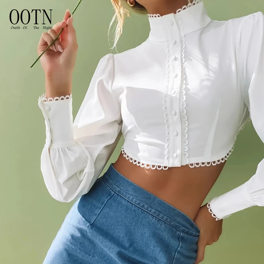 OOTN Клубная вечерняя Сексуальная Блузка женская летняя уличная одежда кружевные женские белые короткие топы однобортная водолазка короткие рубашки