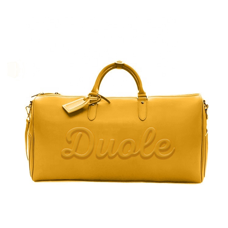 Custom Printed Logo Blue Large Vegan Leather Crossbody Duffle Bags Unisex Weekender Luggage Travel Bags