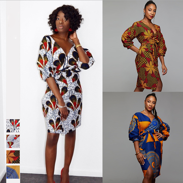 1092 MuslimQLO fashion v-neck lantern sleeve dress with waist ankara african print dress women