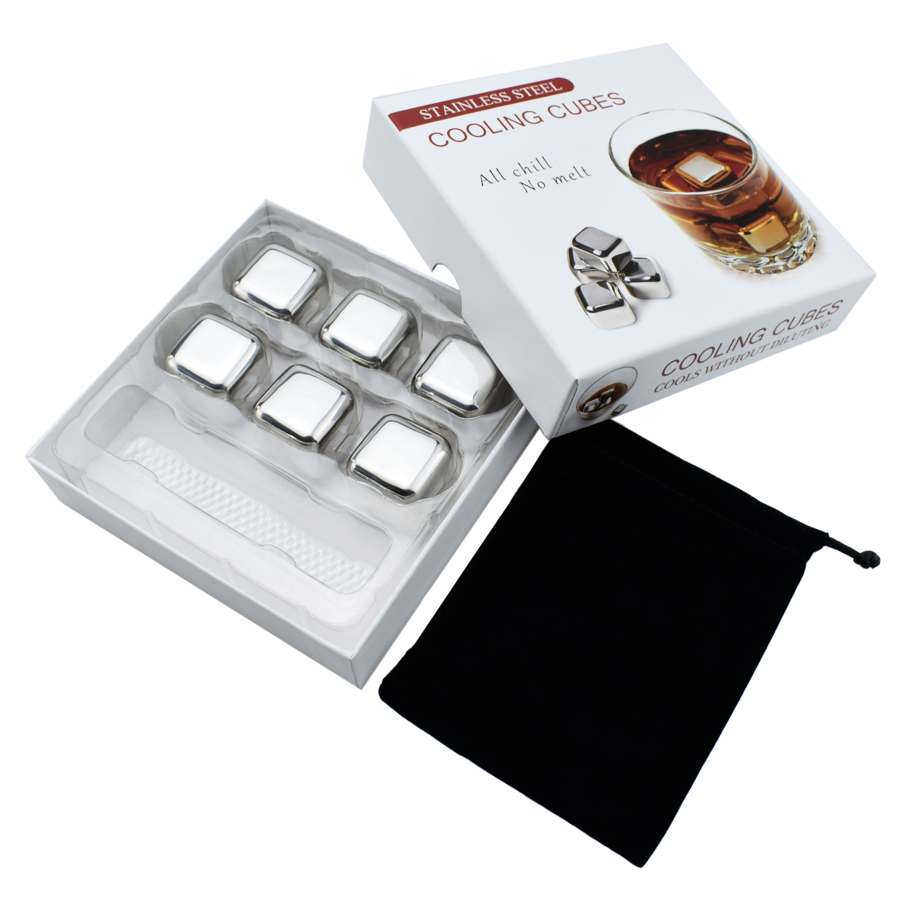 Gift Set 6pcs Stainless Steel Bar Accessories Metal Customer Logo Cooling Device Square Whiskey Chilling Stones Ice Cubes