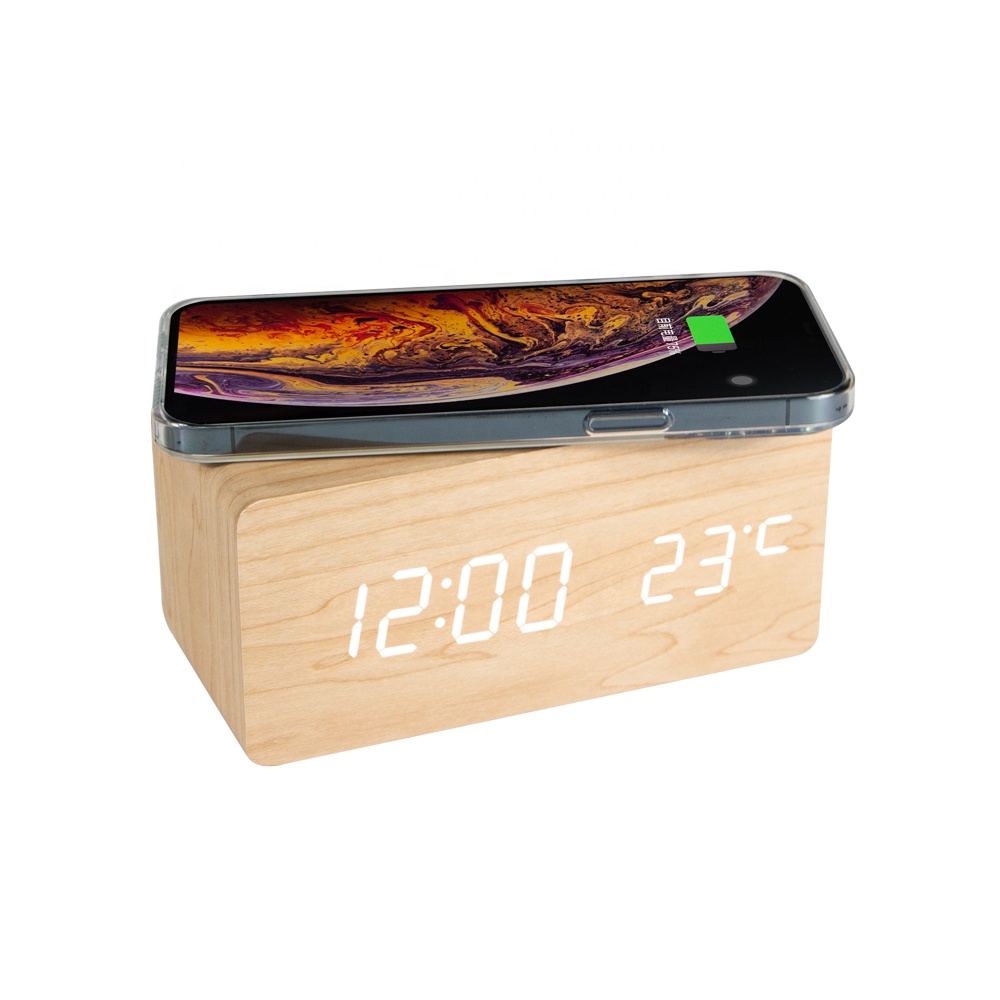 ET534 WOODEN WIRELESS CHARGE LED ALARM CLOCK