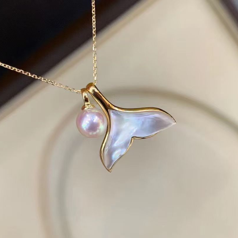 Solid 18K gold fish tail charms with 18inch gold chain MOP stone Akoya sea Pearl pendant Customized chain