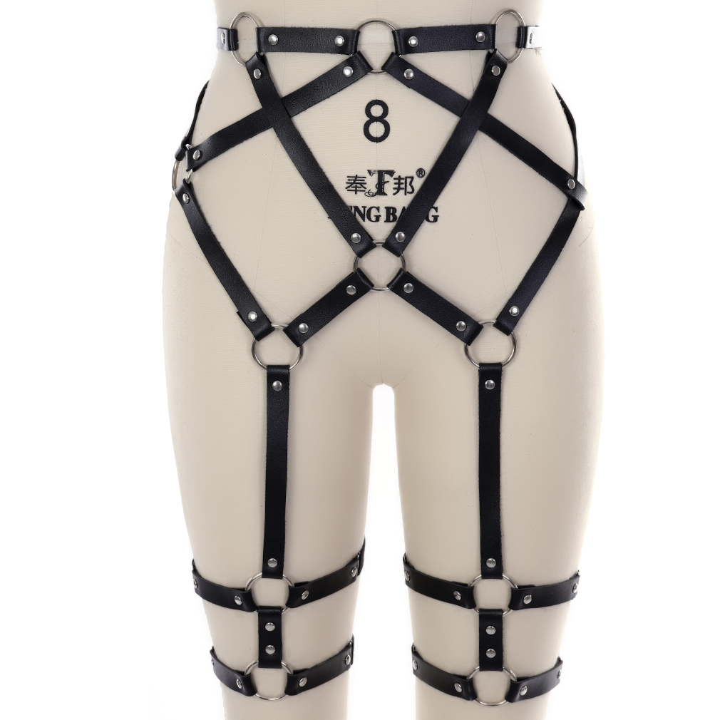 Punk Woman Sexy Hoop Rivet Wild Body Bound Leather High Waist Garter Open Crotch Chastity Belt SM Hot Leather Garter