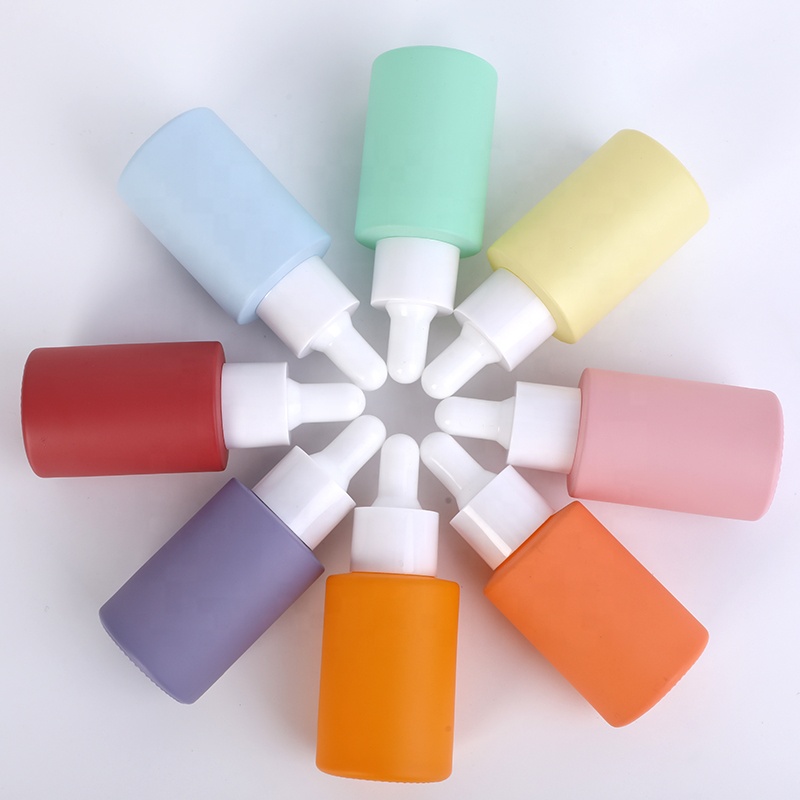 flat shoulder cylinder shape white pink blue purple skin care serum bottle 30ml glass dropper bottle