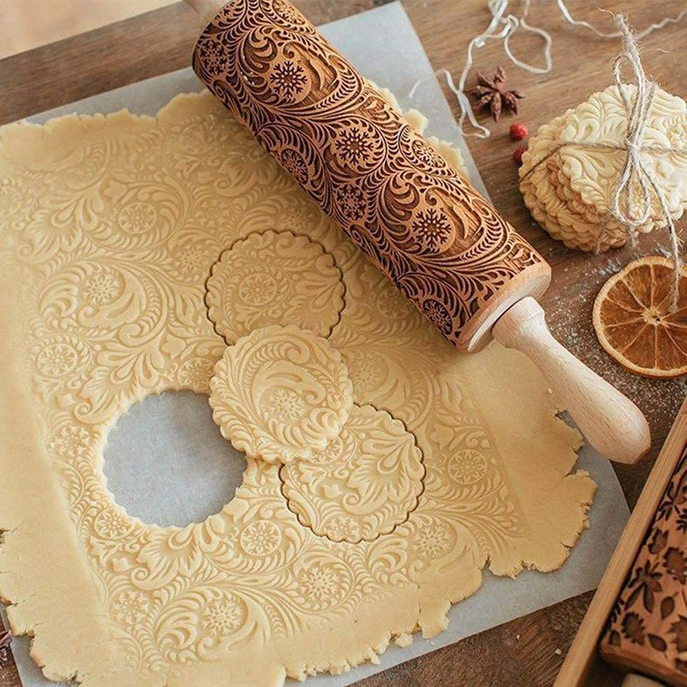 Christmas Flower Snowflake Pattern Rolling Pin Beech Wooden carving fondant Embossing Baking cookie BAKING ROLLER Rolling Pin