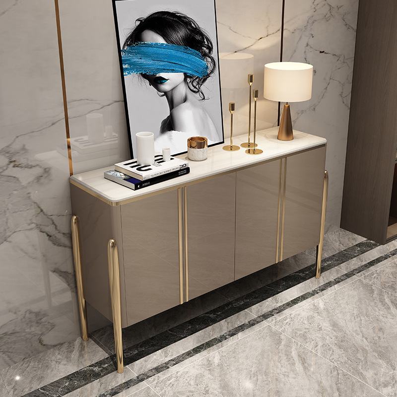 Современный классический дизайн MDF белый Шампань с высоким блеском из нержавеющей стали буфетный деревянный шкаф для хранения боковой консоли стол