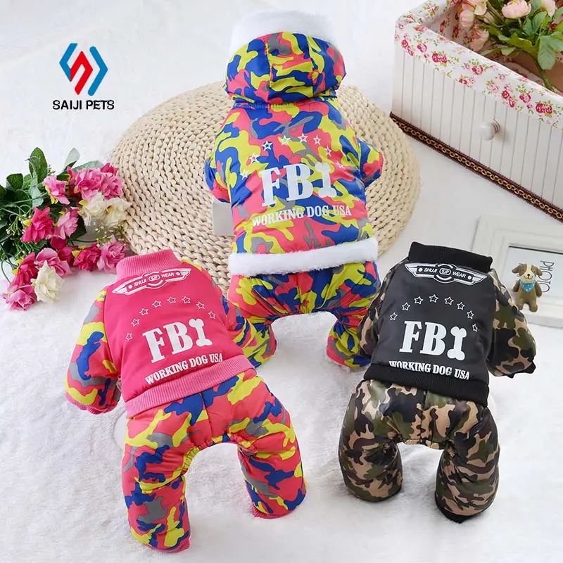 Saiji new design waterproof warm printing FBI small large winter luxury camouflage pet dog clothes supplier