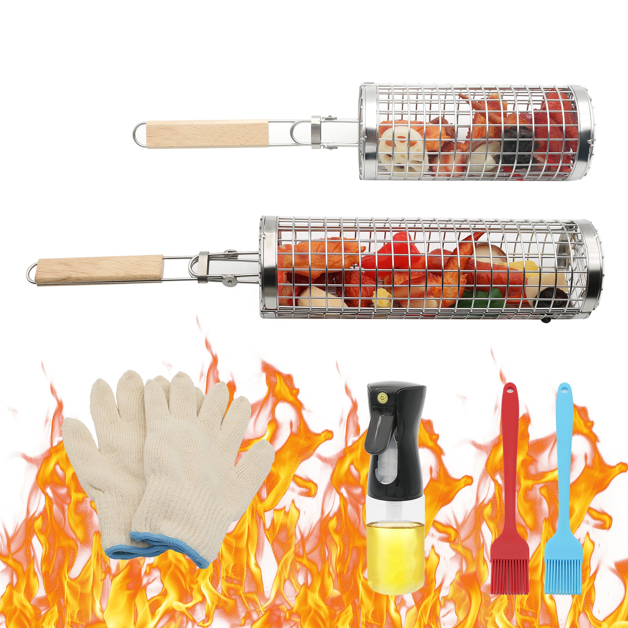 Factory Direct rolling grilling basket The latest style of open-end grill basket is easy to put in and take out food