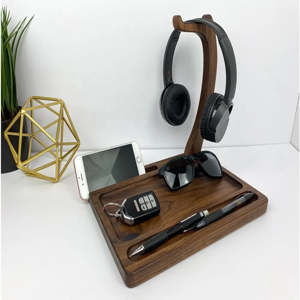 Customized Wooden Desk Organizer and Headphone Stand  Nightstand Organizer, Wood Office Dector