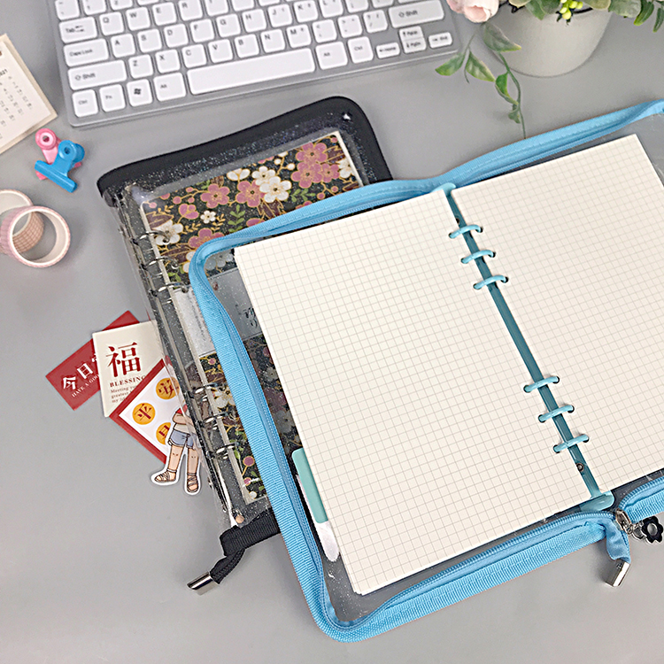 A6 Binder PVC Notebook Budget Envelopes Organizer 6-Ring Binder Cover with Binder Zipper Pockets Transparent