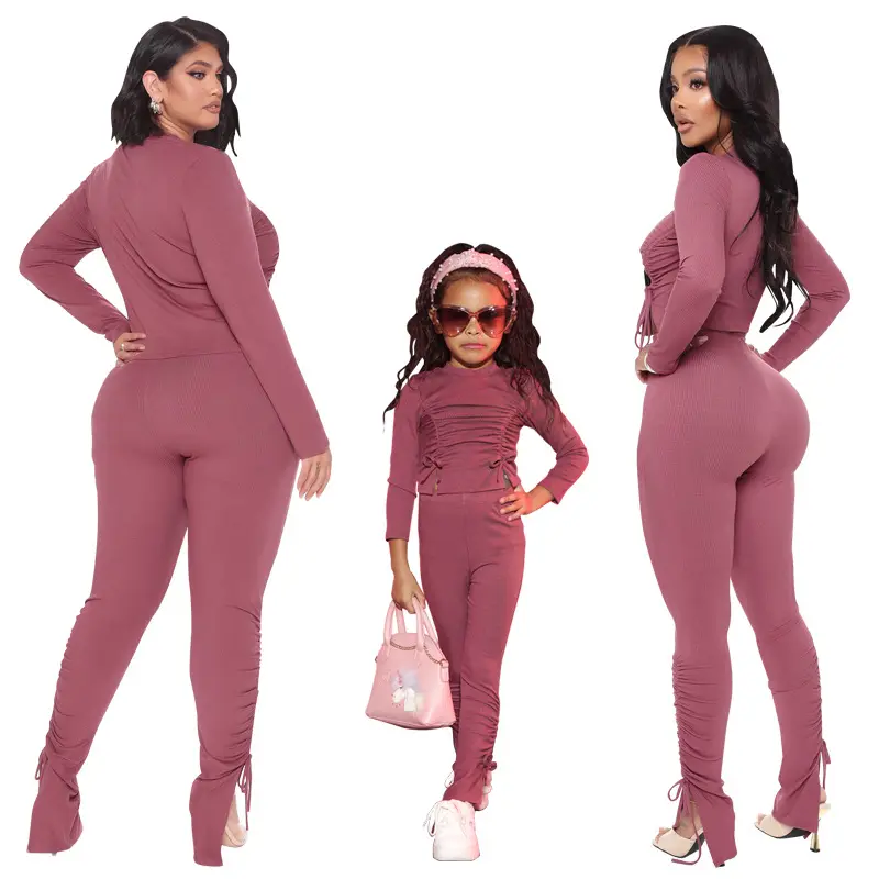 2021 Fall mommy and me outfit long sleeve pants family matching winter set women trendy pleated pant and t shirt two piece set