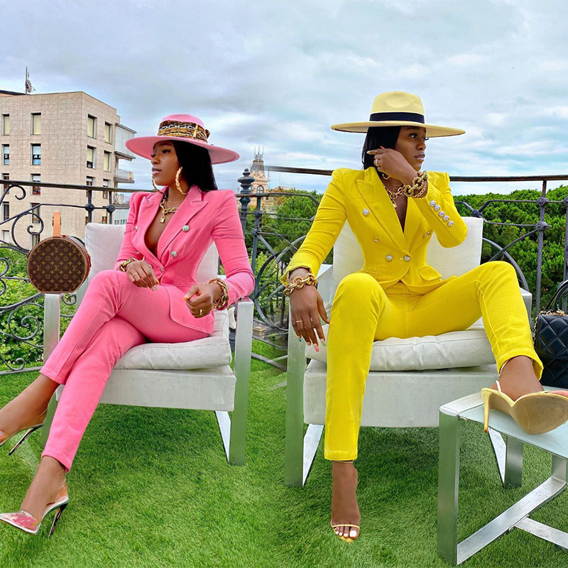OEM Manufacture Ladies Formal Women Sets Two Piece Elegant Pink Yellow Color Casual Sexy Blazer Pant Set Women Blazers Formal