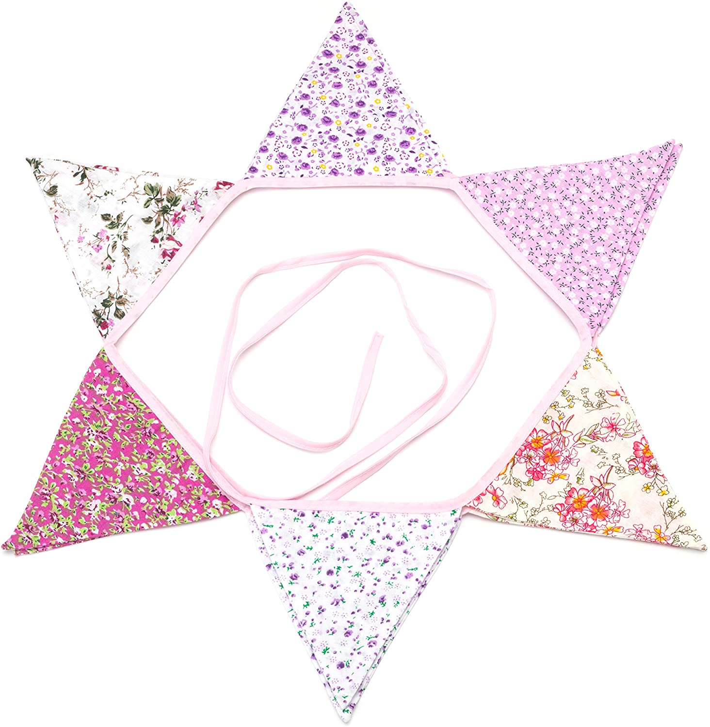 Pink Floral 100% Cotton Bunting Banner for Girls Shabby Chic Wedding Birthday Decoration