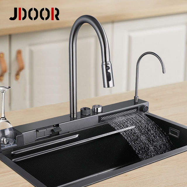 JDOOR New SUS 304 ручная работа многофункциональная темно-серая Кухонная Раковина с водопадом