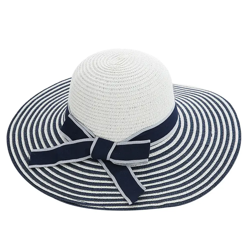Beach Straw Sun Hat Female Black And White Striped Hat Broad Brim Travel Sunscreen Cap