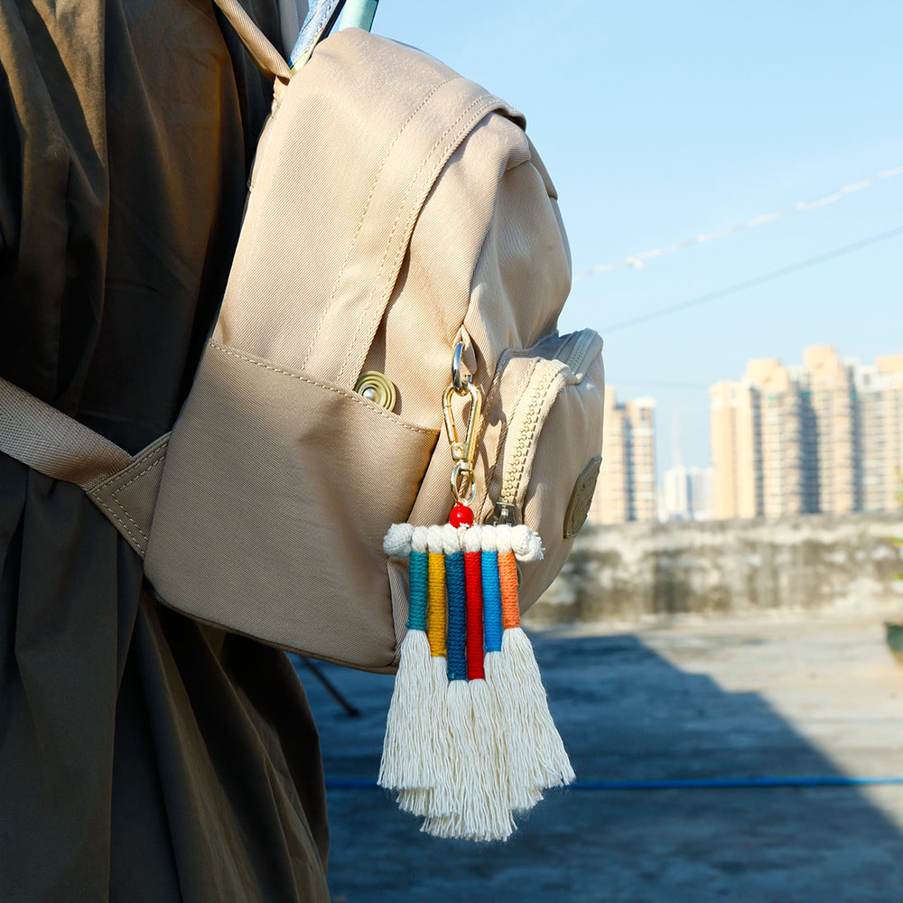 European Hot Sale Handmade Tassel Bag Keyring Bohemia Rainbow Cotton Rope Tassel Braided Keychain Christmas Accessories