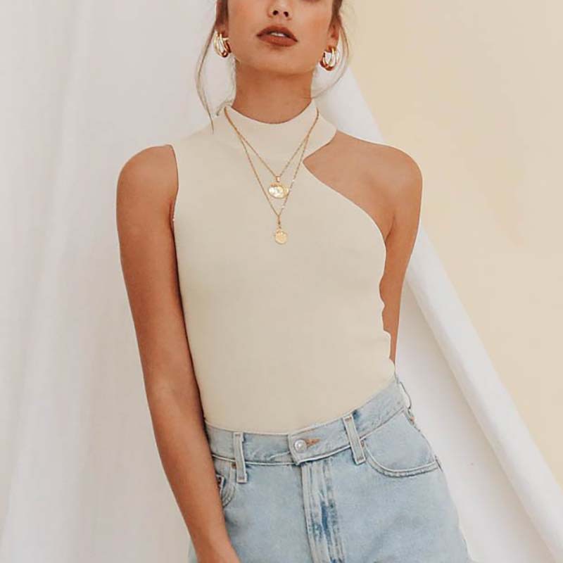 2021 Irregular Design Solid Color Knitted Slim Women Off the Shoulder Sleeveless Basic Tank Tops