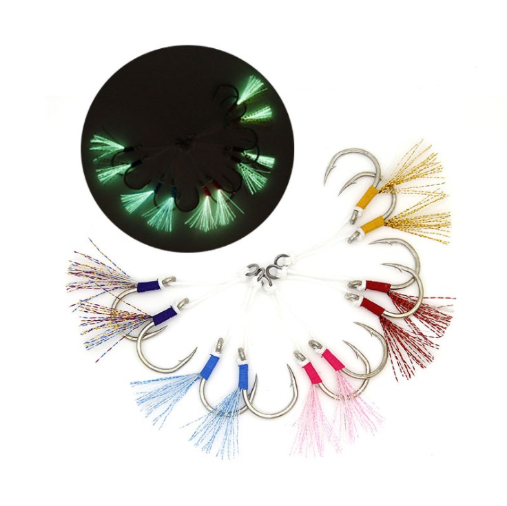 1/0 2/0 3/0 4/0 high carbon steel fishing assist hooks fishing jigging assist hooks with luminous flasher