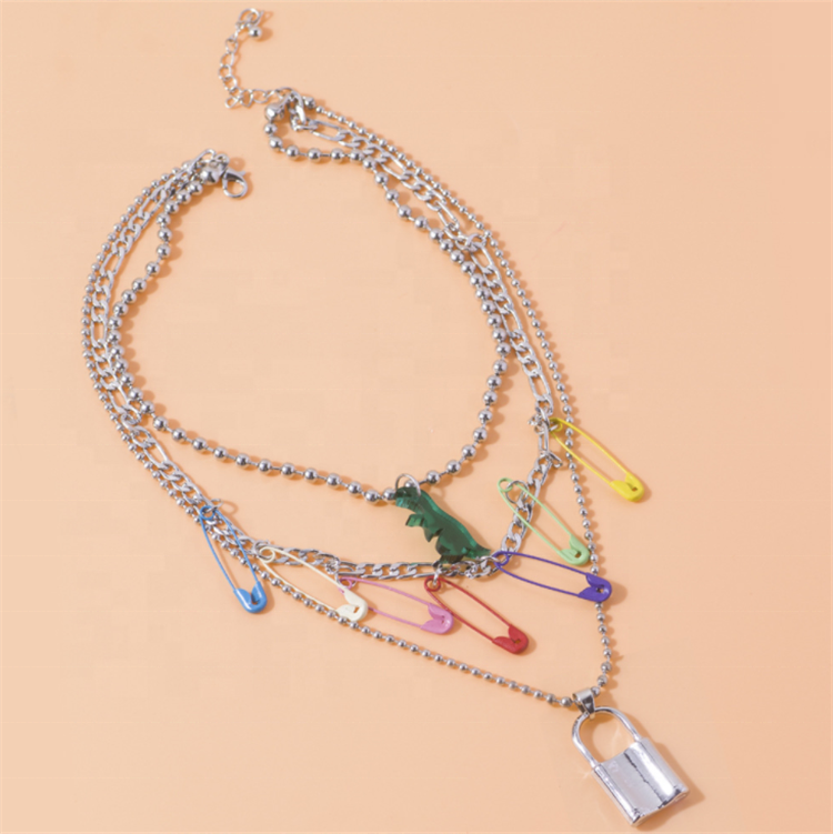 European and American jewelry personality trendy Harajuku style color pin clavicle chain Fashion round bead lock necklace